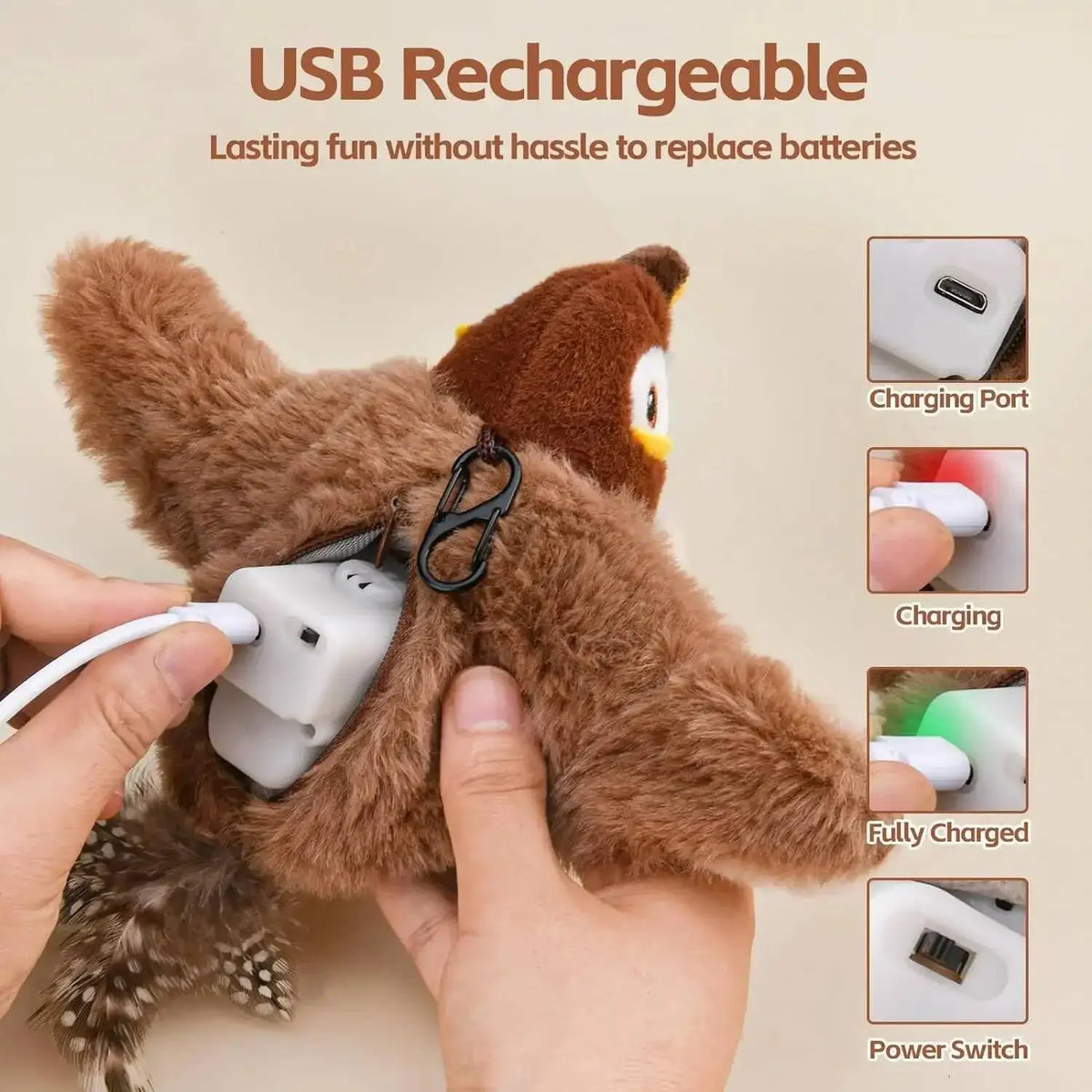 USB charging port, charging light and power switch on the underside of the plush sparrow