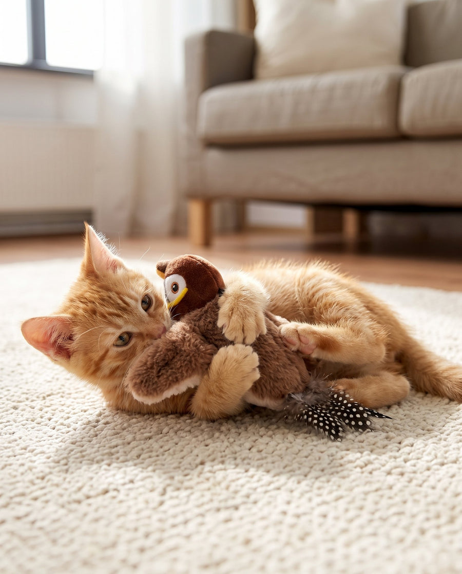 Orange kitten hugging and kicking a plush sparrow cat toy on a cream rug
