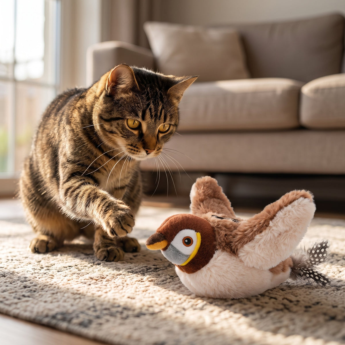 Tabby cat reaching a paw toward a plush sparrow cat toy on a living-room rug