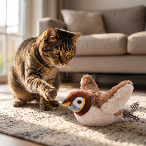 Tabby cat reaching a paw toward a plush sparrow cat toy on a living-room rug