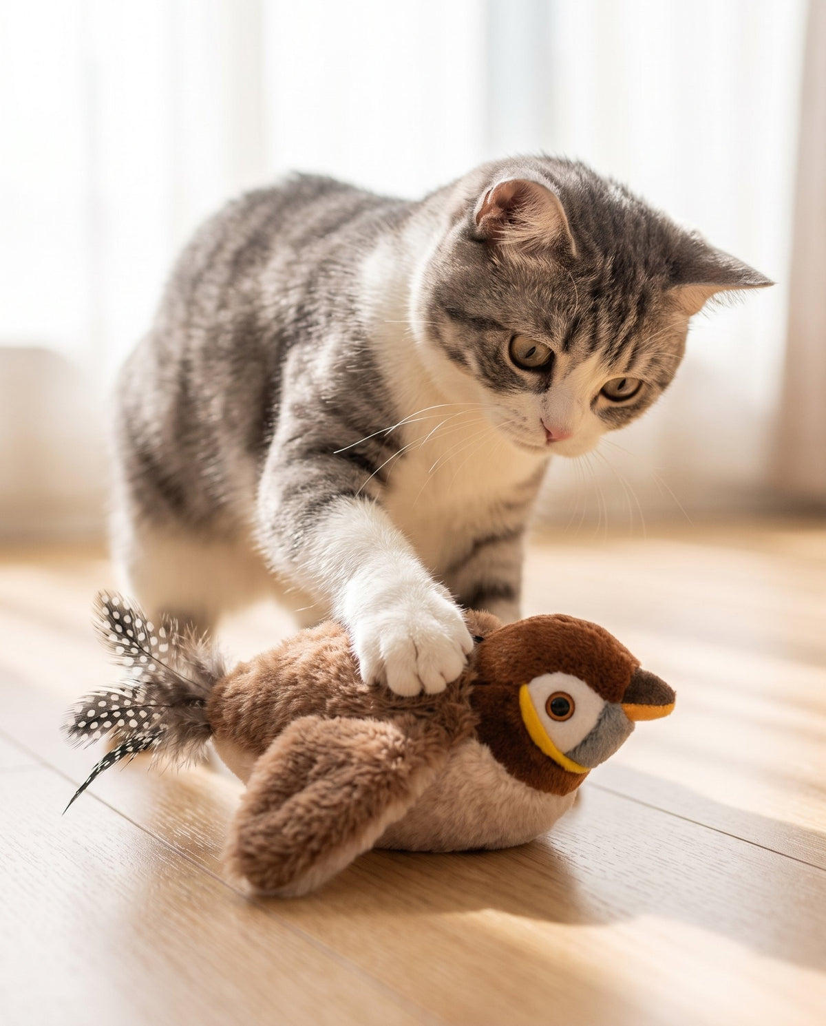 Grey and white cat pressing a paw on a plush sparrow cat toy on a wood floor